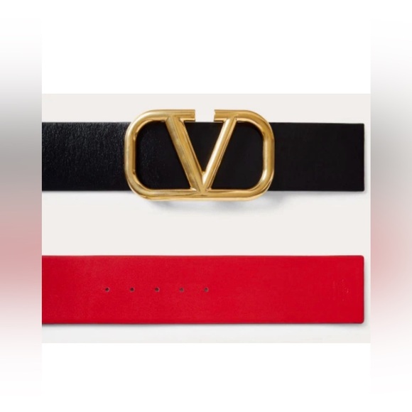 VALENTINO GARAVANI RÉVERSIBLE Widest Black & Red Leather Belt with Gold V Buckle - Picture 5 of 17